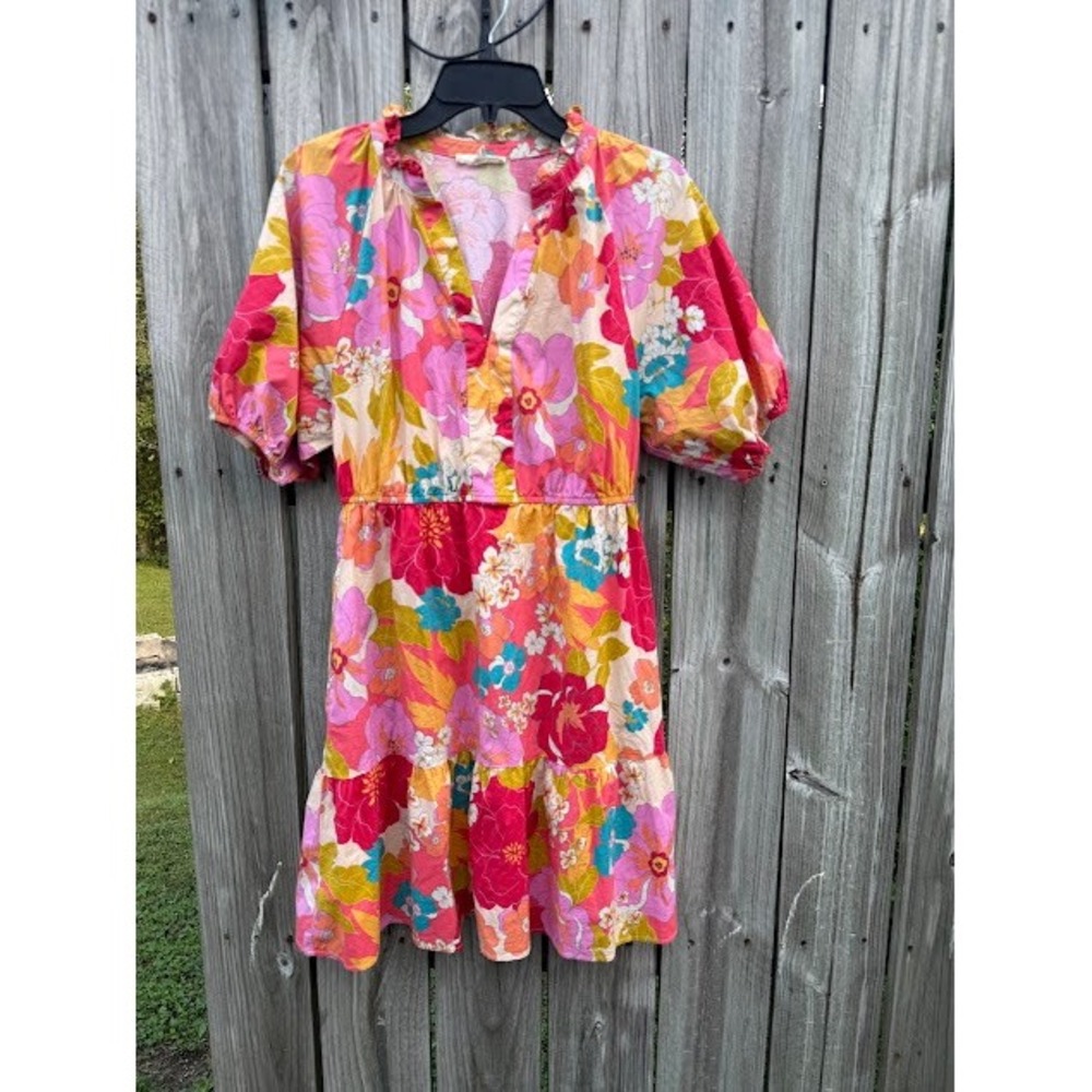 Boho Cottagecore Easel Floral Mini Dress S Pink Orange Ruffle Tiered Puff Sleeve